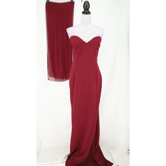 Katie May Gown Dress Womens 16 Burgundy Strapless Open Back Long Sheer Scarf - Picture 1 of 16